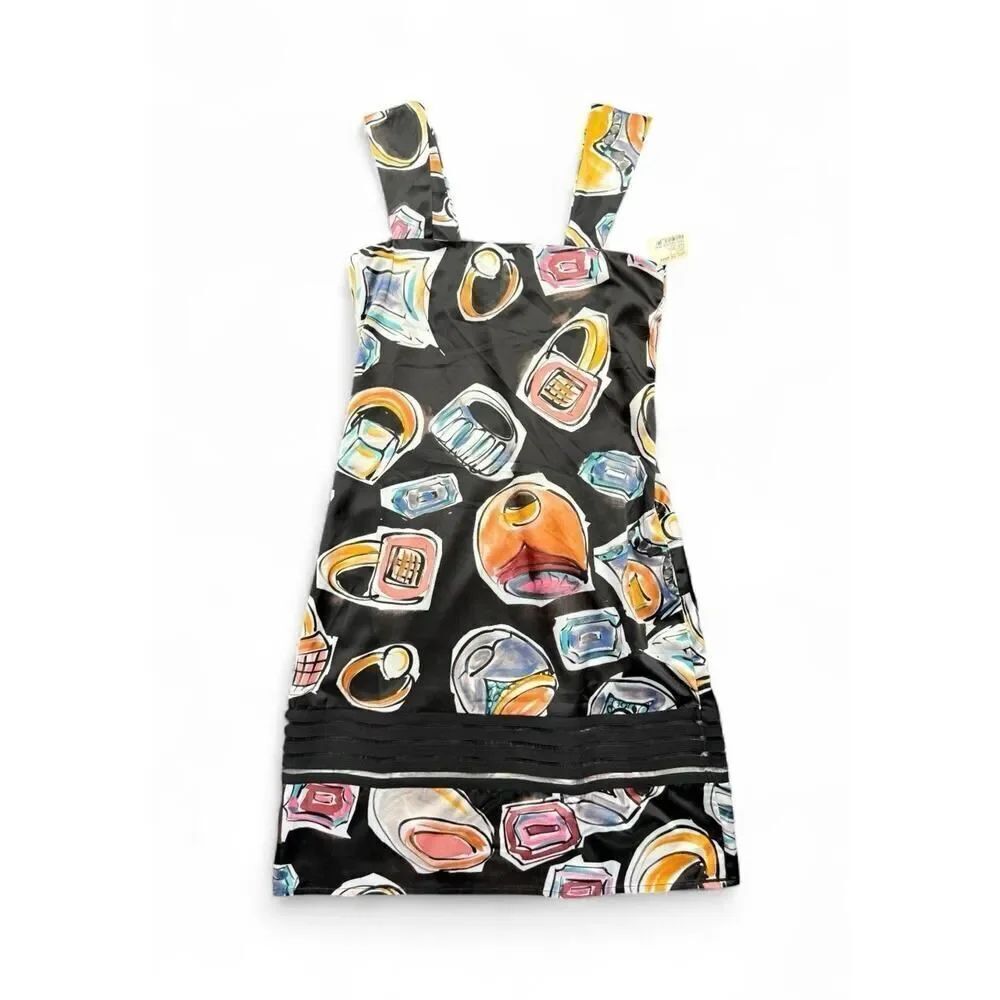 NWT Save the Queen Italy Graphic Print Satin Feel Dress Black Multicolor Small